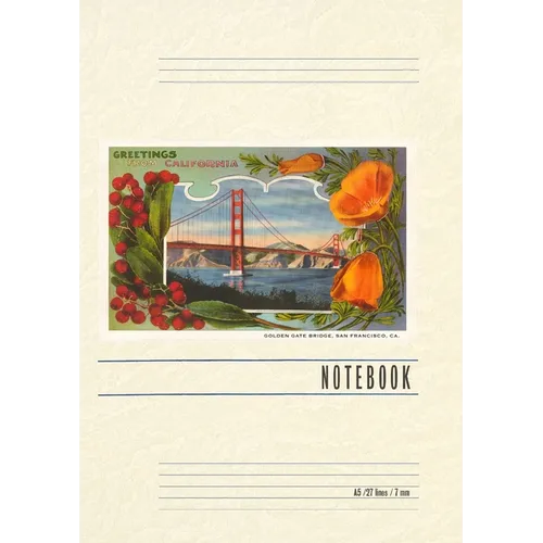 Vintage Lined Notebook Greetings from California with Golden Gate Bridge and Poppies