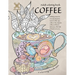 Coloring book zen. Adult coloring book coffee skilfully pictured in everyday situations. Stacked coffee cups, coffee at the computer, coffee and ... A