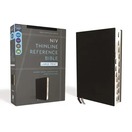 Niv, Thinline Reference Bible (Deep Study at a Portable Size), Large Print, Bonded Leather, Black, Red Letter, Thumb Indexed, Comfort Print
