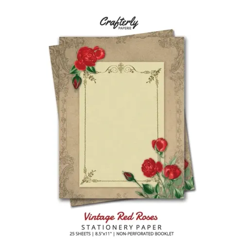 Vintage Red Roses Stationery Paper: Antique Letter Writing Paper for Home, Office, 25 Sheets (Border Paper Design)