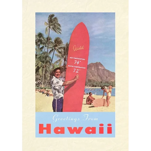 Vintage Lined Notebook Greetings from Hawaii, Long Board with Temperatures