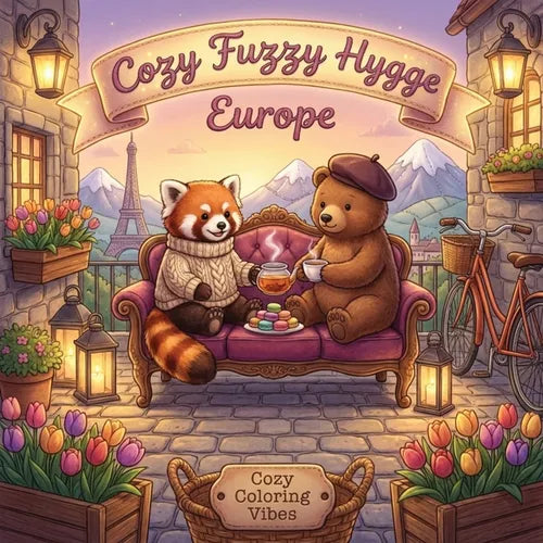 Cozy Fuzzy Hygge Europe: Easy Bold Line Cute Animal Coloring Book for Adults Cafes, Retreats, Stress Relief, Canal & Fun Storybook Travel Escapes Rela