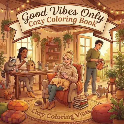 Good Vibes Only Cozy Coloring Book: Simple Bold Line Design Adult Coloring Book Cute Animals, Morning Rituals, Peaceful & Comforting Homebody Scenes C